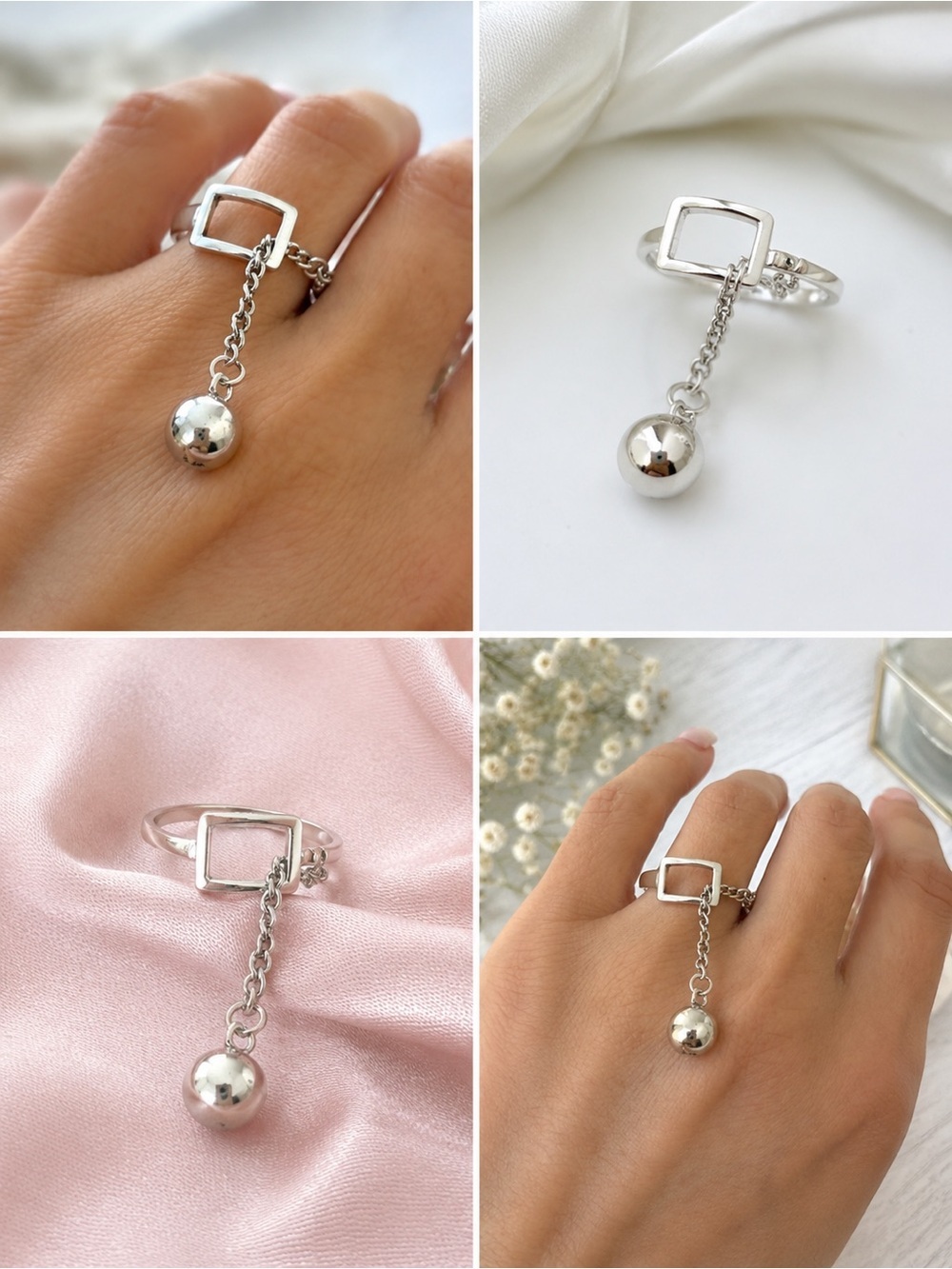 925 Sterling Silver Adjustable Dangle Ball Ring | Modern Geometric Chain Ring